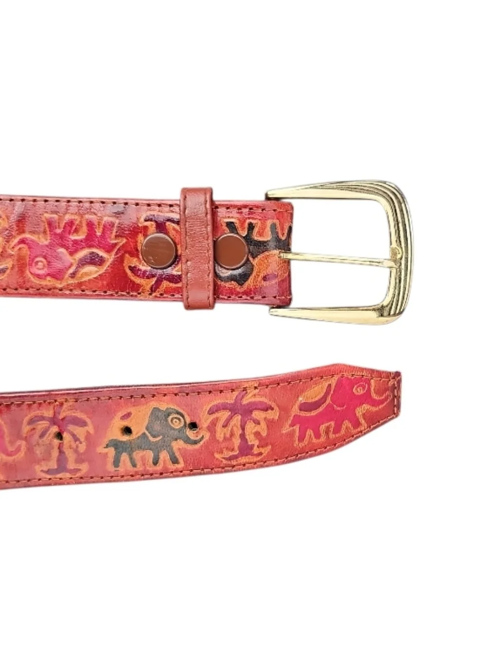 Elephant Print Genuine Leather Belt Small Boho Vintage India Artisan Unique Find